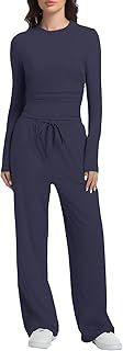 2 件套休闲套装女式秋季服装长袖阔腿运动服女式休闲家居服两件套