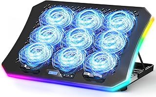 KeiBn 升级游戏笔记本电脑冷却垫,带 9 个静音 RGB 风扇,冷却垫适用于 15.6-17.3 英寸笔记本电脑,带 7 个高度支架,2 个 USB 端口,手机支架-蓝色